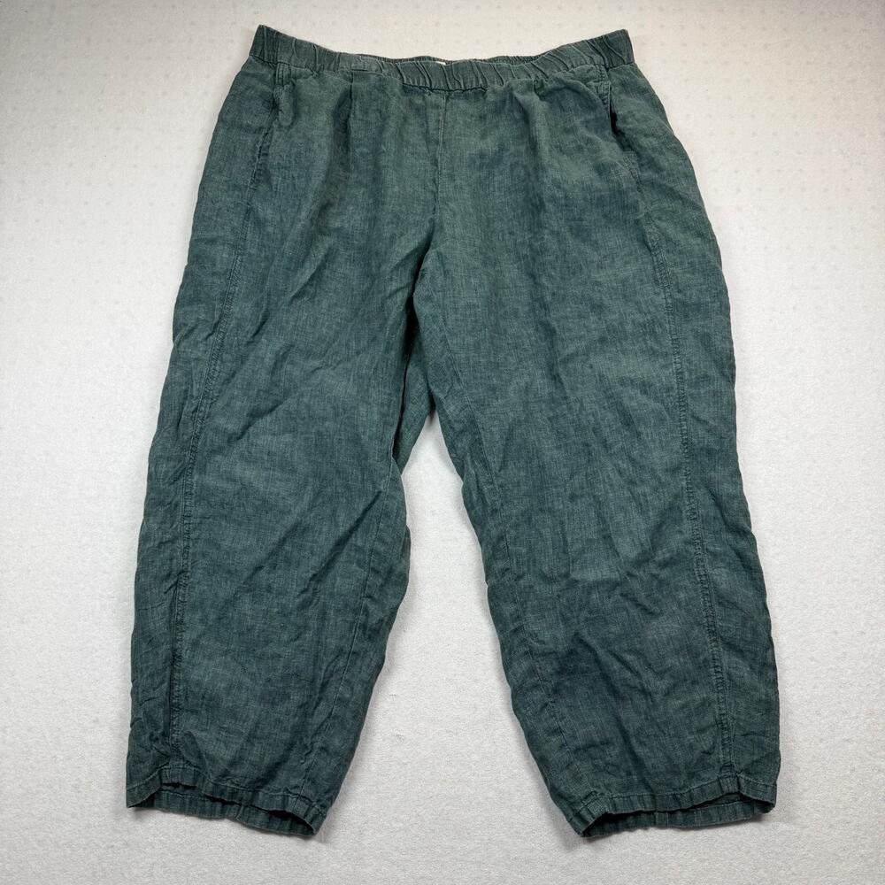 Eileen Fisher Women’s XL Green Organic Linen Cropped Pull On Pants 23.5”